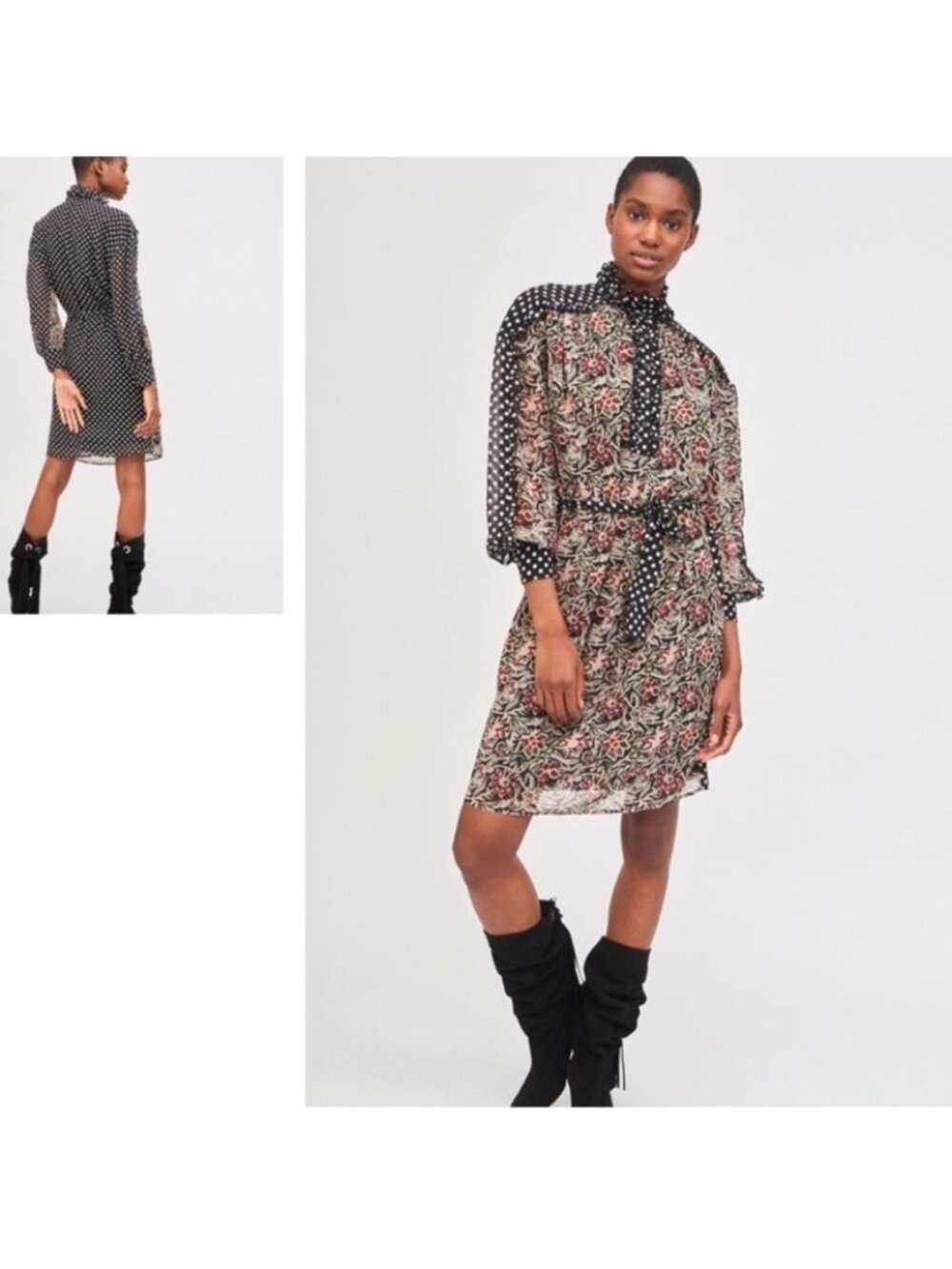 ANTIK BATIK Banyana Dress Midi Silk Size Small Black Floral Polka Dot NWT